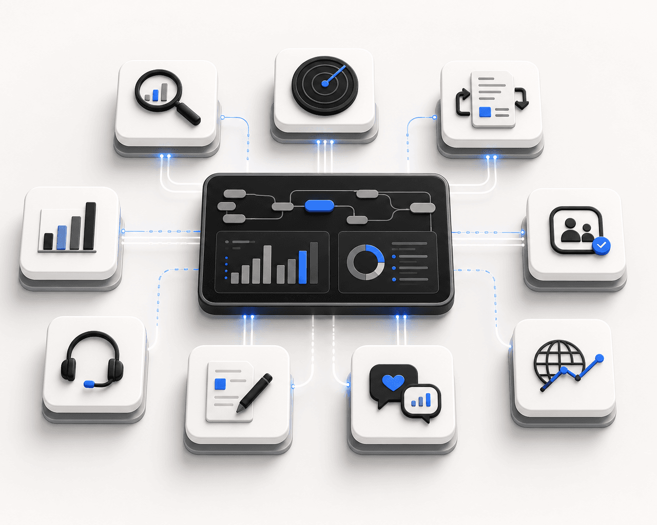 AI agent examples dashboard with connected research, reporting, support and content workflows