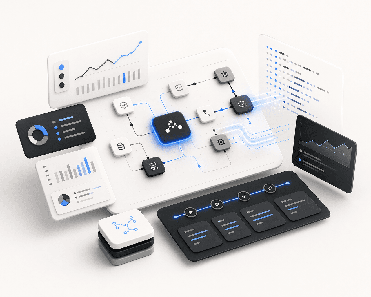 AI automation workflow dashboard showing connected systems, reporting panels and execution steps