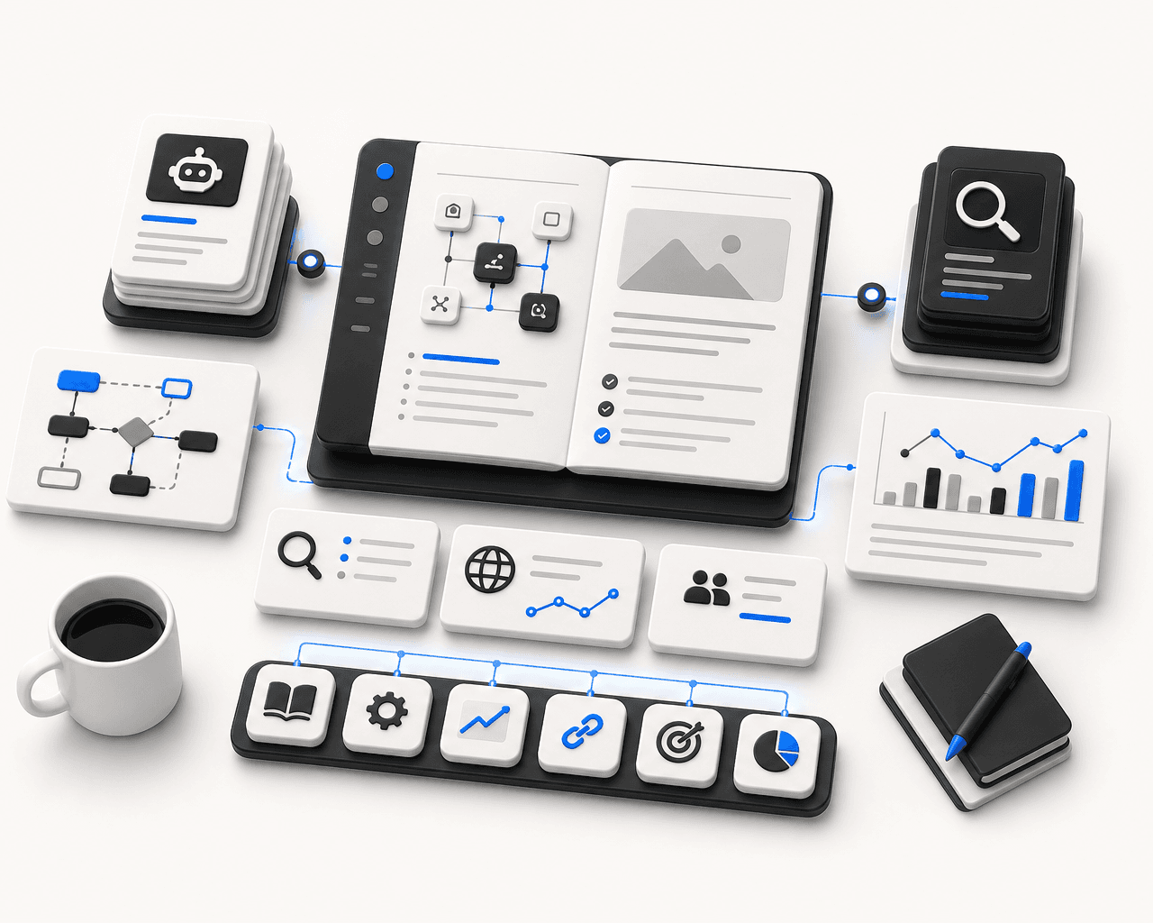 AI content and automation guide workflow with research, writing and reporting panels