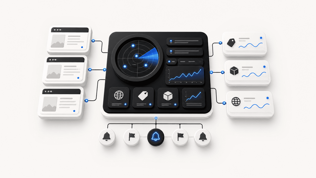 Competitor monitoring workflow with tracked sources, alerts and comparison dashboards