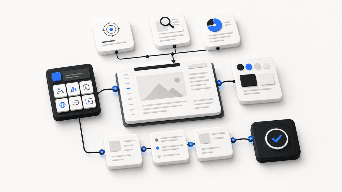 Content creation workflow with research inputs, drafting steps and review outputs