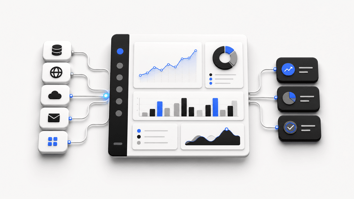 Reporting workflow with connected data sources and analytics dashboards