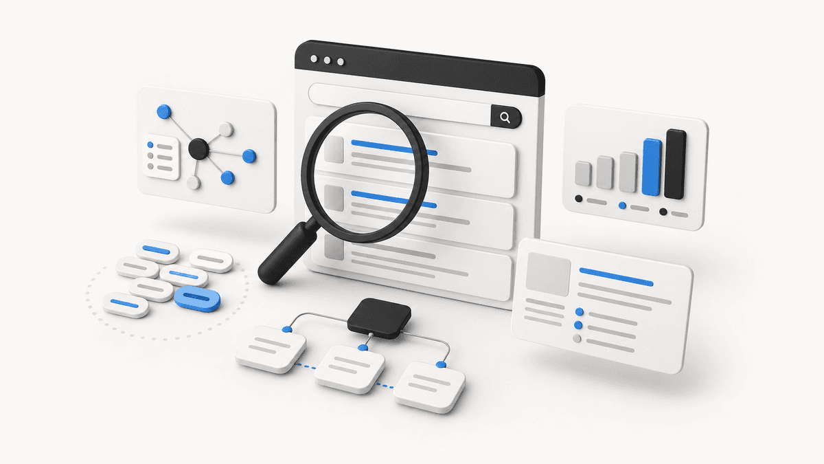 SEO research workflow with search analysis, content signals and reporting panels