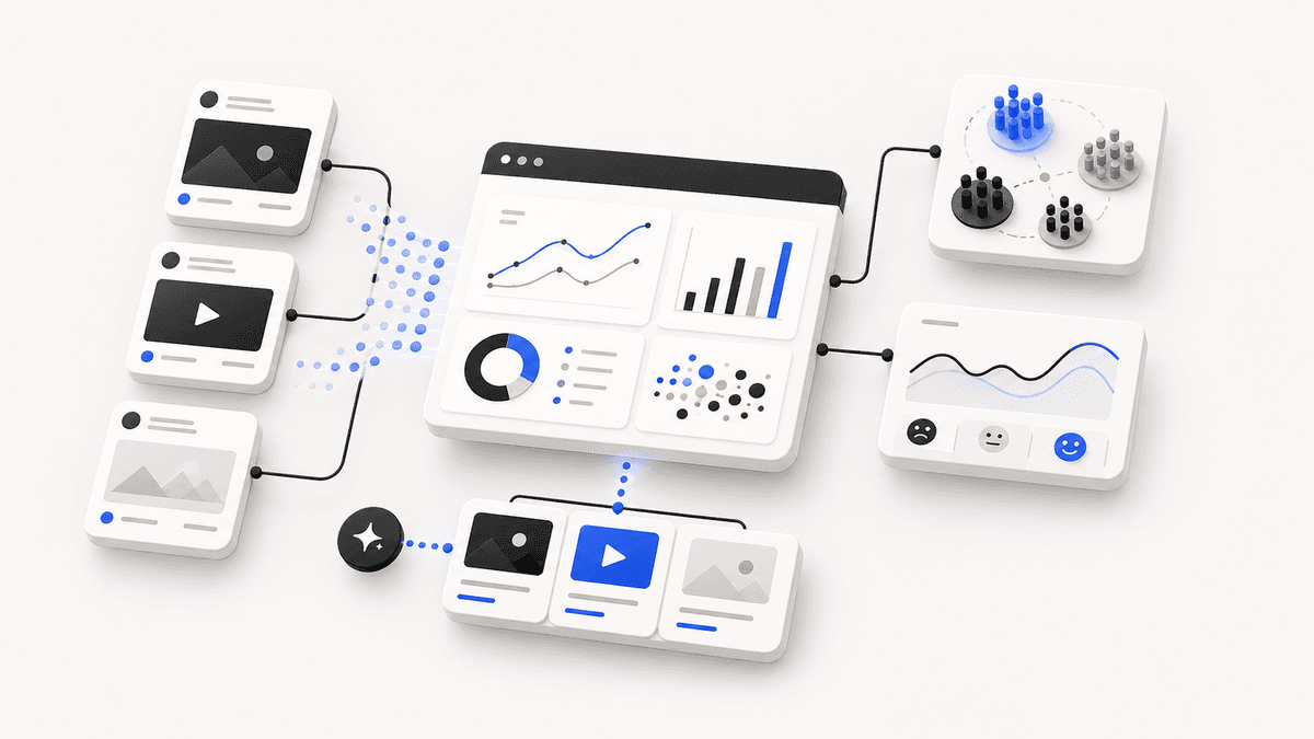 Social media analysis workflow with post metrics, audience signals and recommendations
